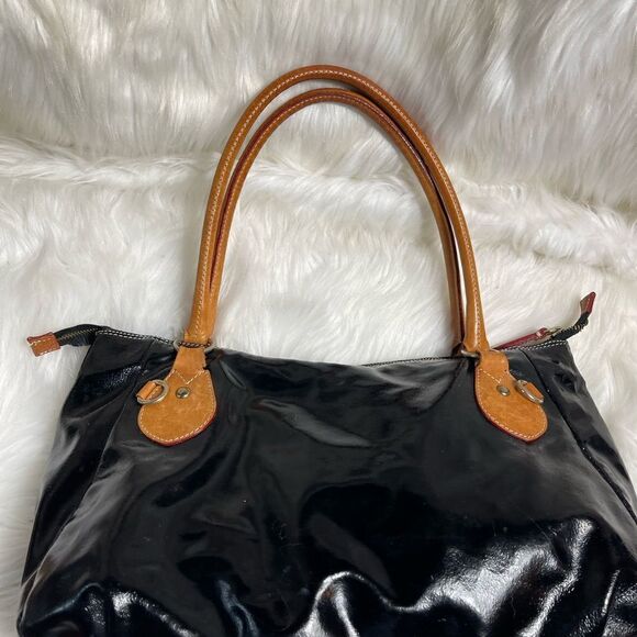 Cavalcanti made in Italy patent leather black shoulder bag tan leather trims - Picture 7 of 14